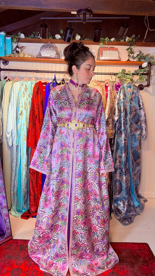 Handcrafted Royal Moroccan Brocard Caftan with Gold & Purple Embroidery
