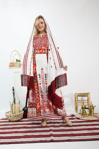 Falahi Palestinian Embroidery Thobe Princess Thob Maxi Dress Tatreez Amira Traditional Elegance (with Headpiece)