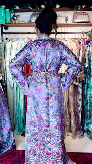 Handcrafted Royal Moroccan Brocard Caftan with Gold & Purple Embroidery