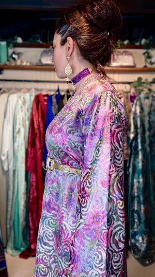 Handcrafted Royal Moroccan Brocard Caftan with Gold & Purple Embroidery